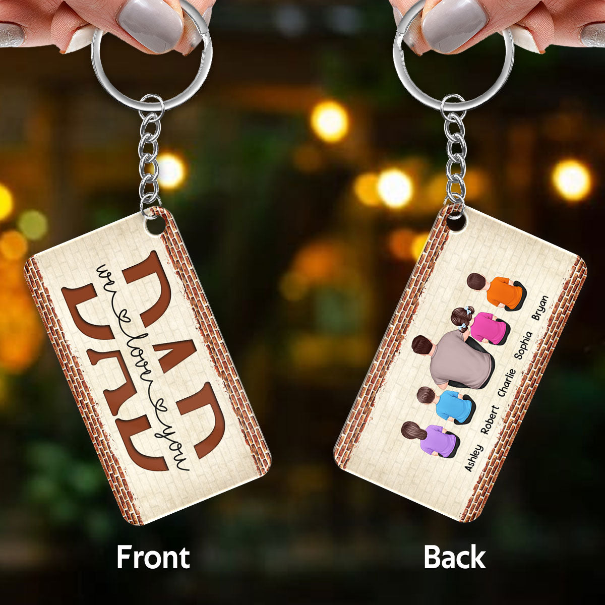 Best Dad Ever Brick Back View Man Sitting With Kids Dog Cat Personalized Acrylic Keychain