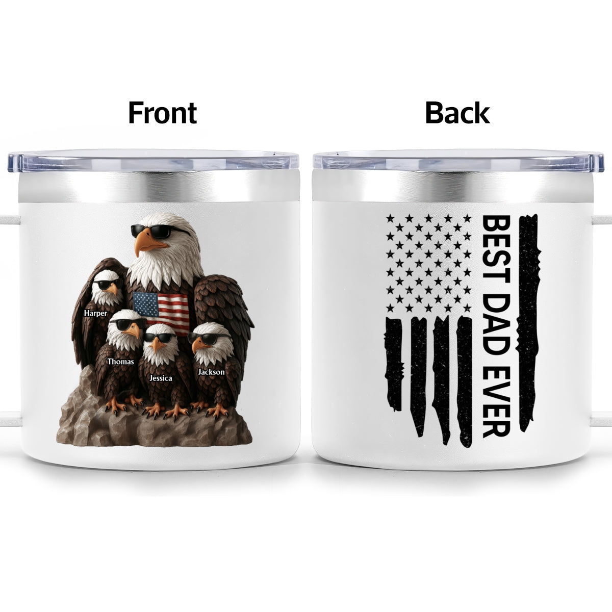 Patriotic Eagle Grandpa Dad & Kids 3D Effect Personalized Stainless Steel Tumbler With Handle