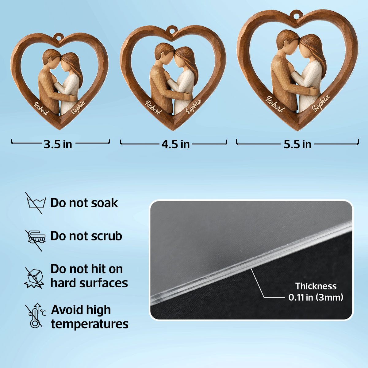 Couple Heart Love 3D Wooden Effect - Personalized Acrylic Ornament - Christmas Gift for Couples