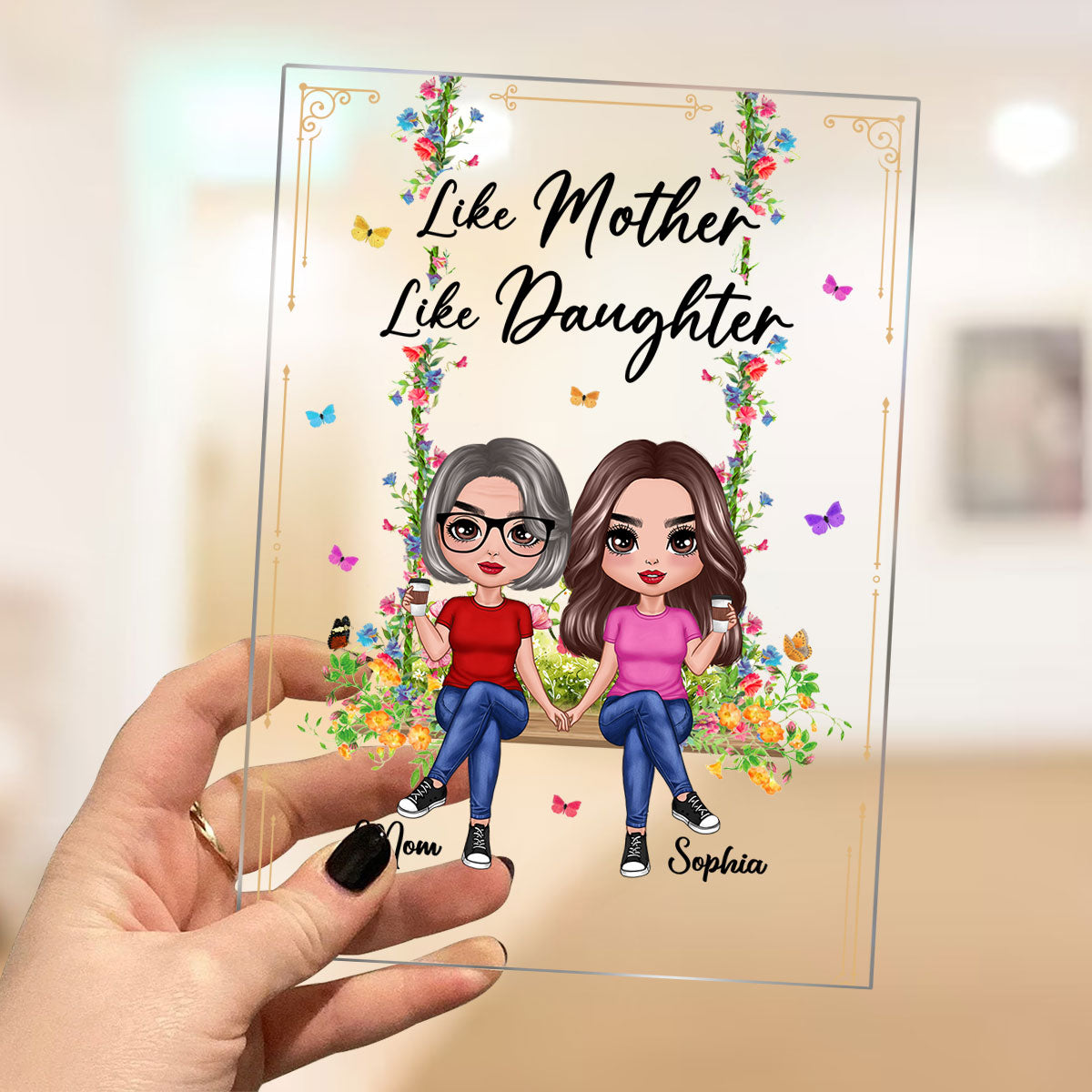 Doll Mom And Daughter Sitting On Floral Swing Personalized Acrylic Plaque