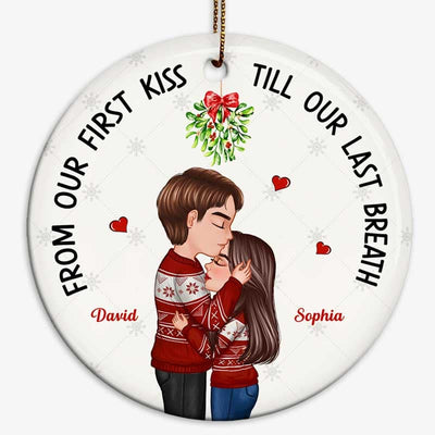 Doll Couple Kissing Under Mistletoe Personalized Circle Ornament