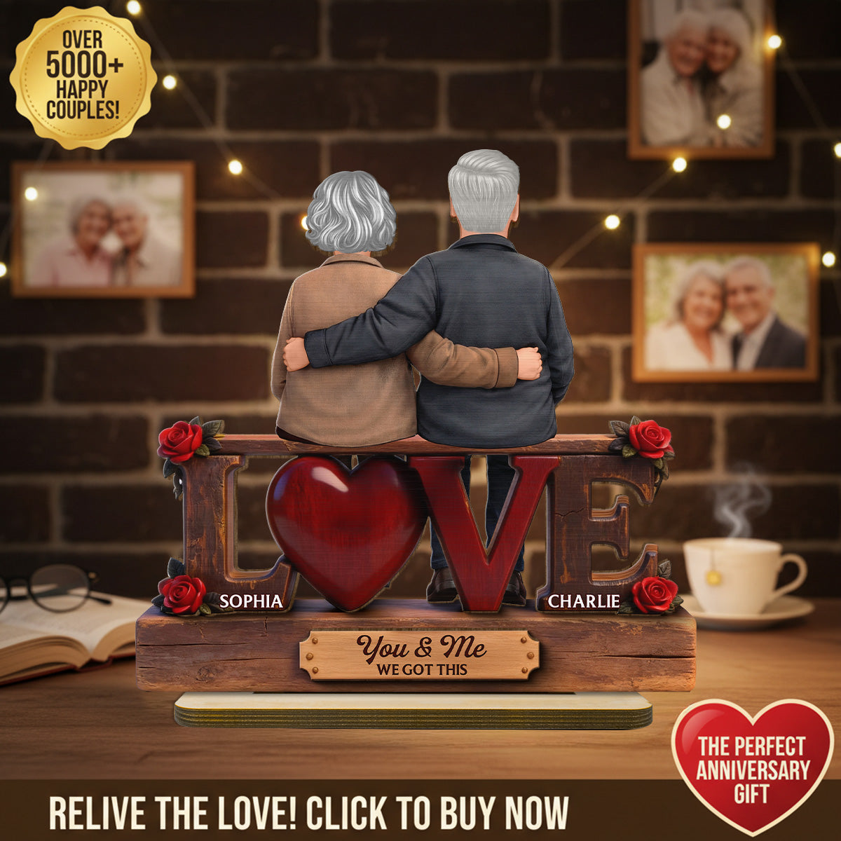 Roses LOVE Back View Old Couple Sitting Embracing - Personalized 2-Layered Wooden Plaque - Valentine's Day Gift For Couple, For Him, For Her