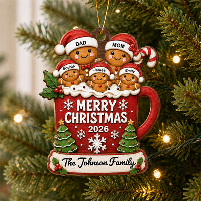 Gingerbread Family In Hot Cocoa 2D Flat - Personalized Wooden Ornament - Christmas Tree Decor For Family