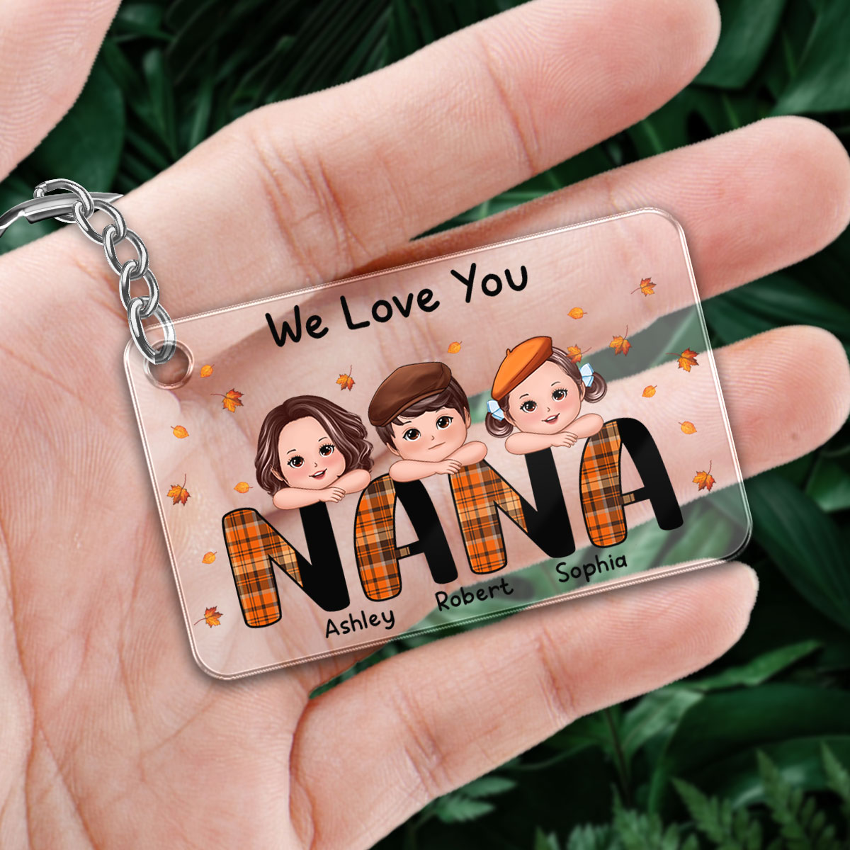 We Love You Grandma Mom Plaid Pattern Kids On Hand Fall Season Personalized Acrylic Keychain