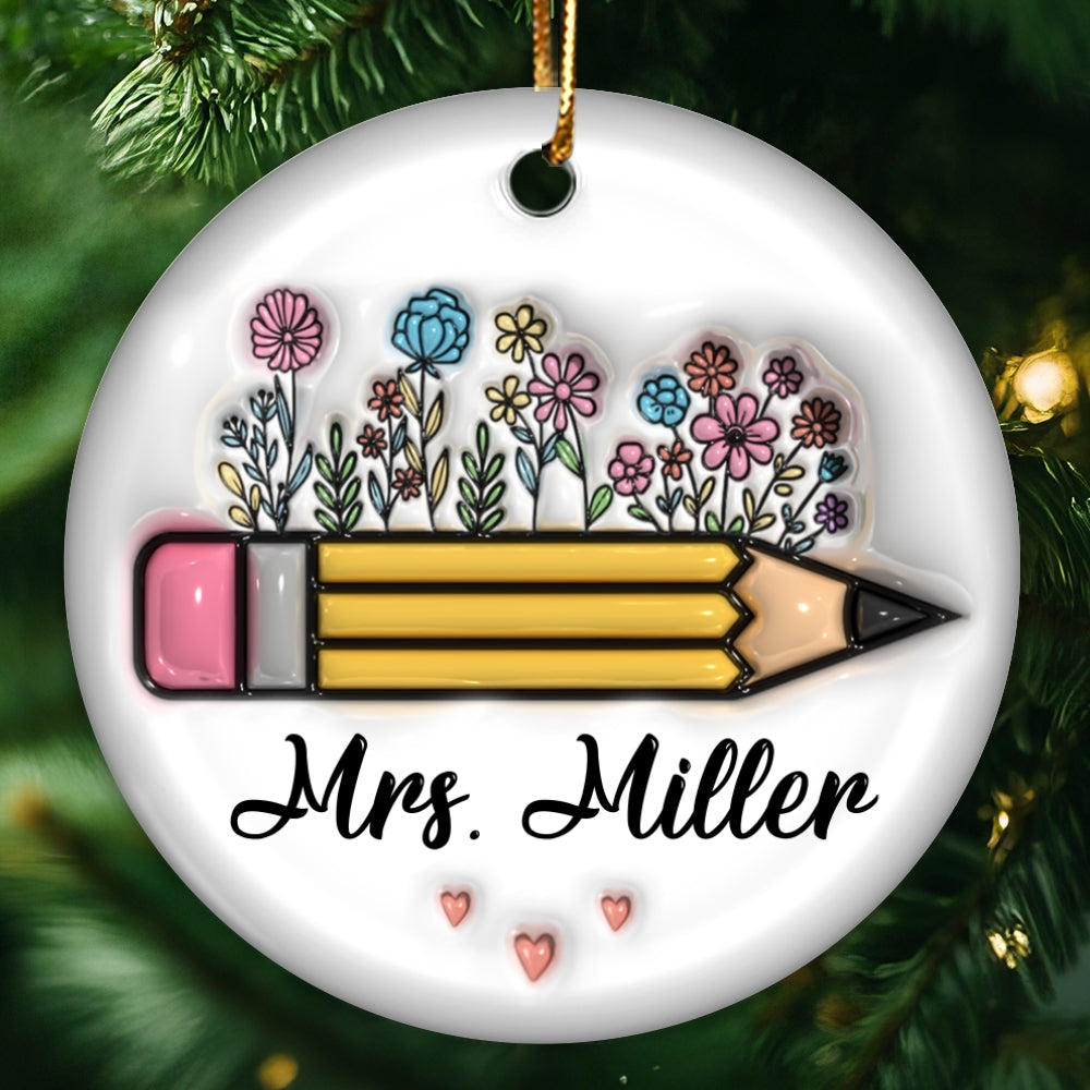 Teacher Things Pencil Apple 3D Inflated Personalized Ceramic Ornament