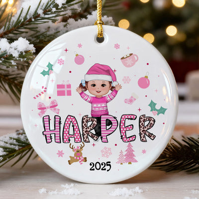 Pink Theme Cute Doll Girl Name Christmas - Personalized Ceramic Ornament - Gift For Daughter, Granddaughter