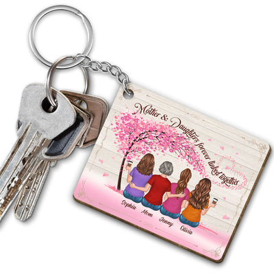 Back View Mother And Daughters Under Pink Tree Personalized Wooden Keychain