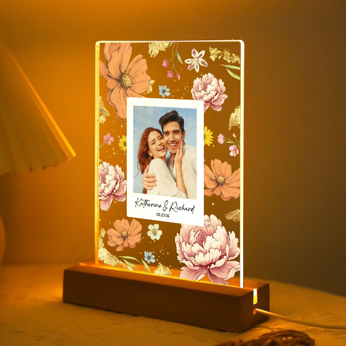Couple Upload Photo Birth Month Flowers Personalized Acrylic LED Night Light, Anniversary Gift,  Gift
