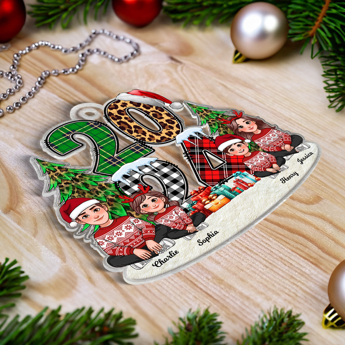 Christmas Animated Family Sitting 2024 Stacked Pattern Personalized Acrylic Ornament