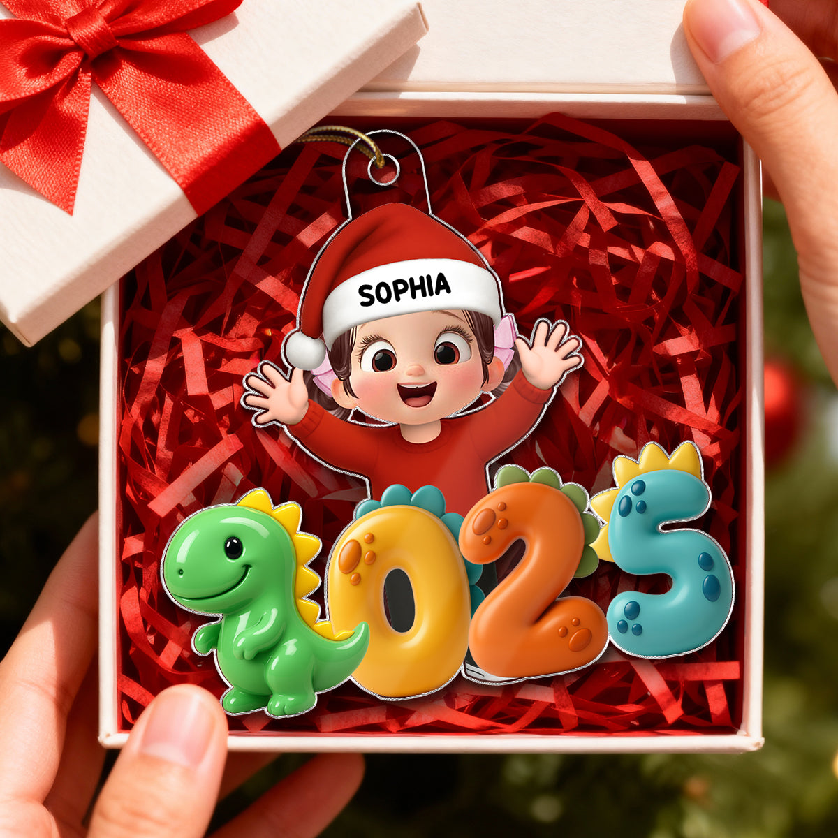 3D Effect Happy Kid With Dinosaur Numbers - Personalized Acrylic Ornament - Christmas Gift For Kids, Grandkids, Granddaughter, Grandson