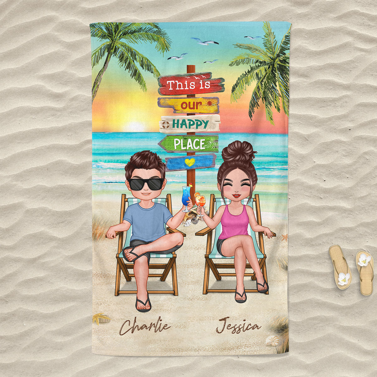 Beach Landscape Summer Doll Couple Sitting Personalized Beach Towel