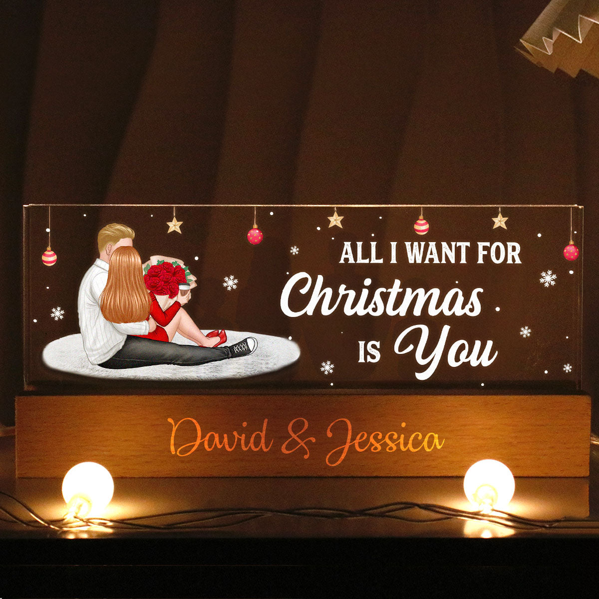 All I Want For Christmas Is You Personalized Acrylic Block LED Night Light, Christmas Gift for Couples
