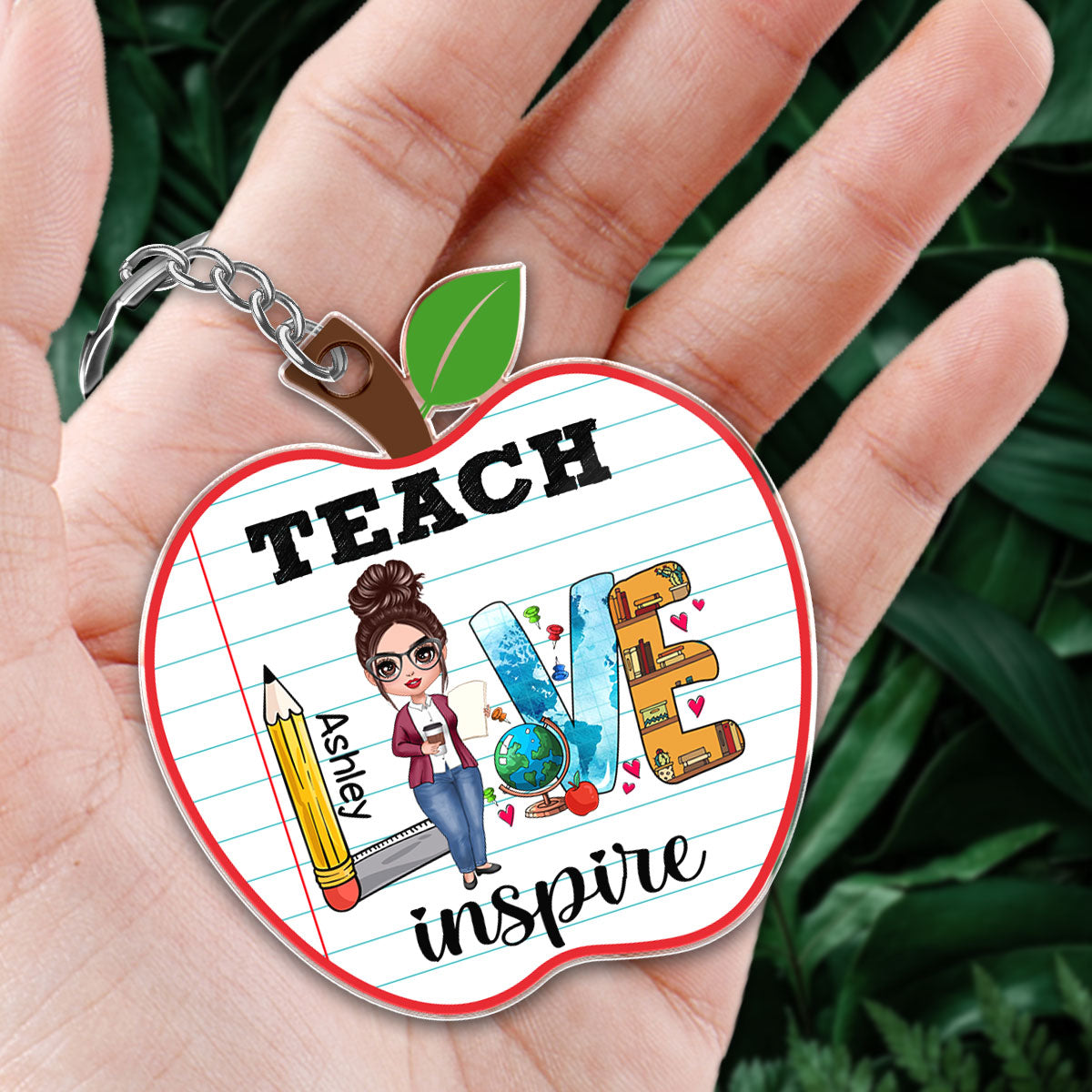 Teach Love Inspire Doll Teacher Personalized Apple Shaped Acrylic Keychain