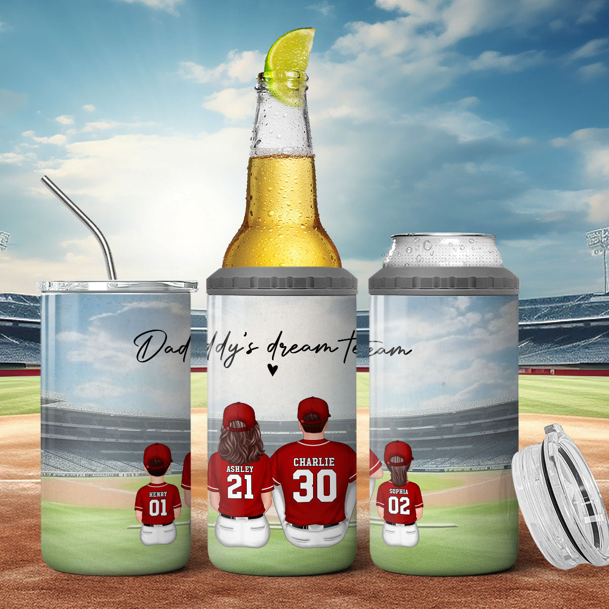 Daddy's Team Baseball Family Sitting Personalized 4 In 1 Can Cooler, Father's Day Gift For Dad, Grandpa, Husband