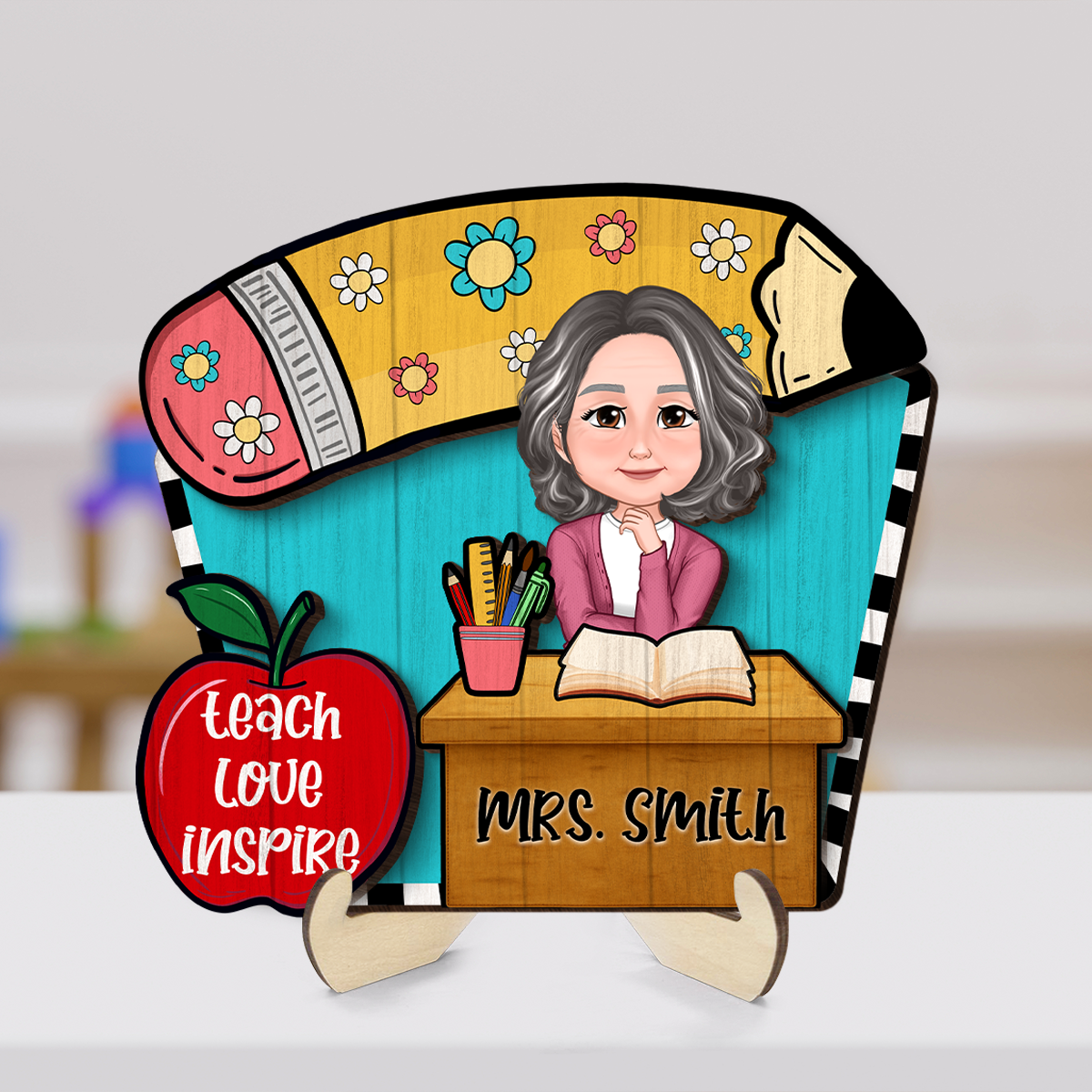 Doll Teacher Sitting At Table Personalized 2-Layer Wooden Plaque, Back to school gift