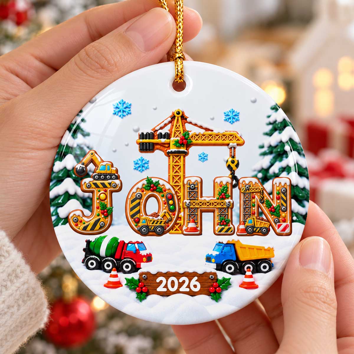 Kids Name Truck Christmas - Personalized Ceramic Ornament - Construction Vehicle Design, Gift For Boy Girl Grandkids