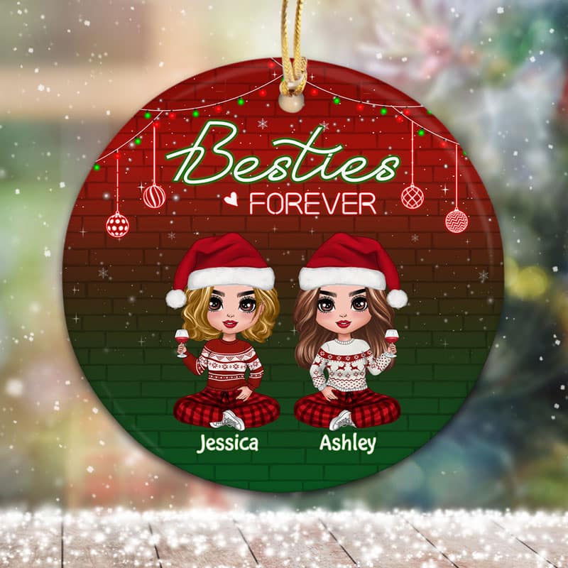 Red & Green Background Doll Besties Personalized Circle Ornament
