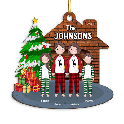 Simple Cartoon Whole Family Dad Mom Kid Dog Cat By Christmas Tree In House Personalized Wooden Ornament