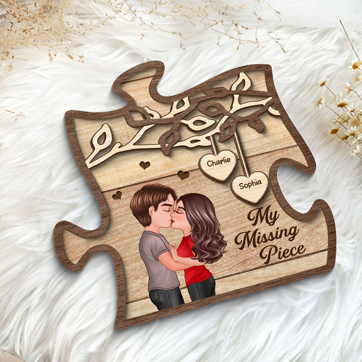 Couple Kissing Under Tree My Missing Piece Personalized 2-Layer Wooden Plaque