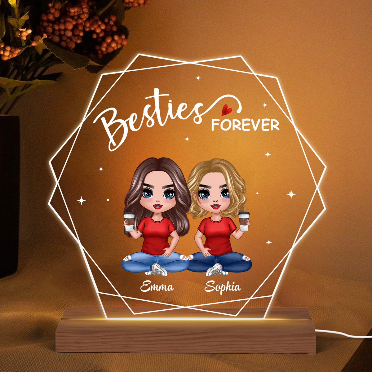 Hexagon Frame Doll Besties Sisters Sitting Personalized Custom Shape Acrylic Plaque With LED Night Light