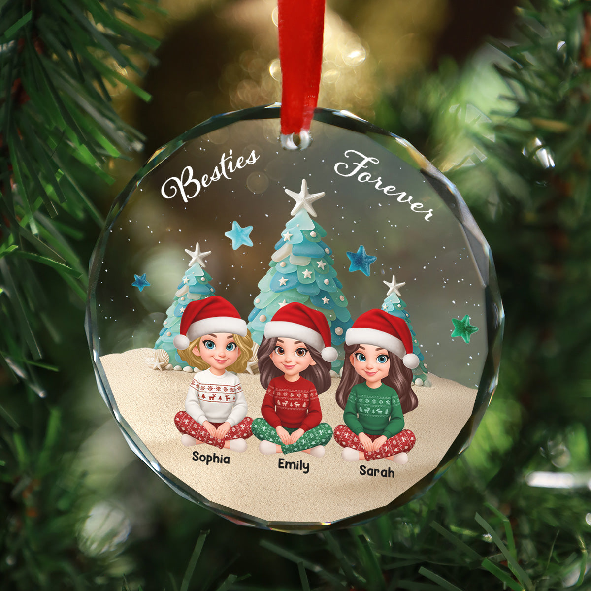 3D Sea Glass Effect Christmas Tree Beautiful Besties Forever - Personalized Glass Ornament - Gift For Best Friends