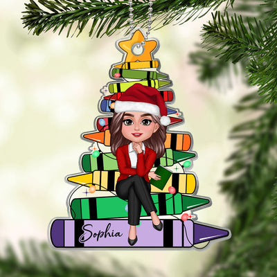 Crayon Christmas Tree Teacher Sitting Personalized Acrylic Ornament