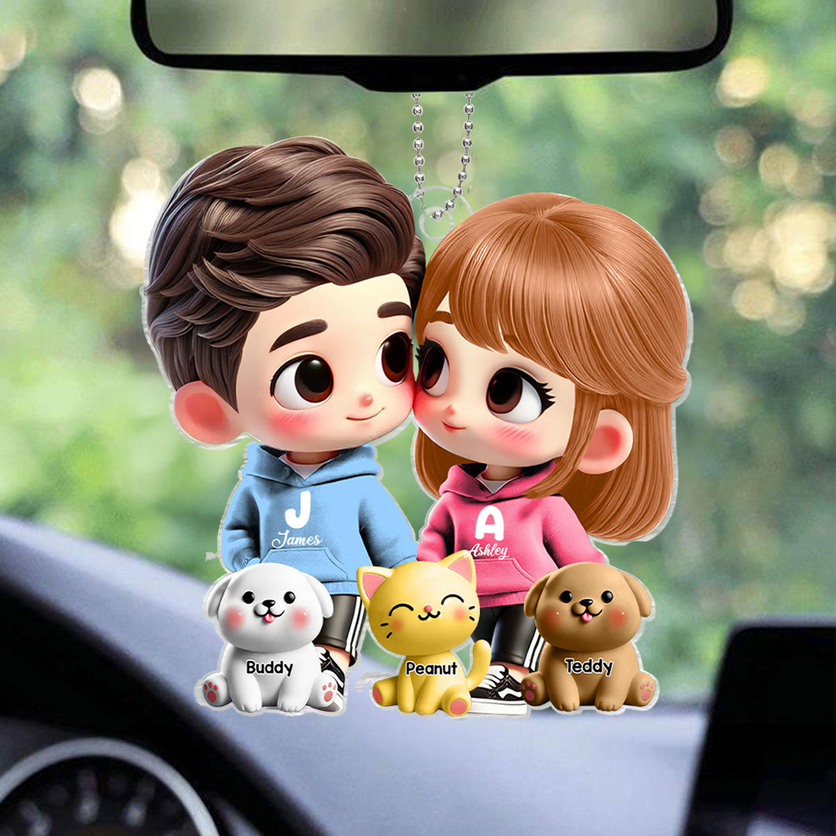 3D Effect Cute Cartoon Couple Holding Hands with Dogs Cats Personalized Acrylic Car Hanger, Anniversary &  Gift for him, Gift for her