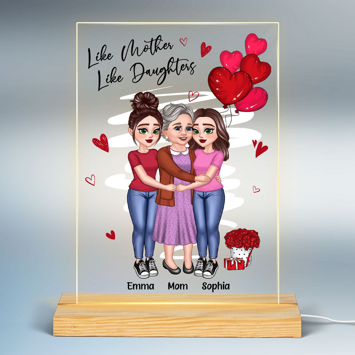 Red Hearts Mother Daughters Hugging Personalized Acrylic LED Night Light