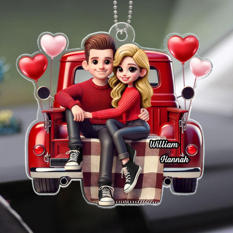 3D Effect Couple Sitting On Red Truck Personalized Acrylic Car Hanger,  Gift, Anniversary Gift For Couples
