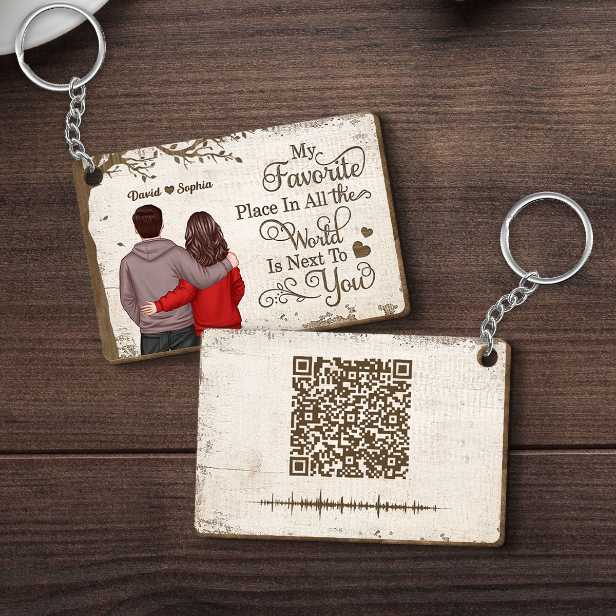 My Favorite Place Couple Back View Personalized Wooden Keychain, Soundwave Art, Custom Your Heartfelt Voice Message for her & for him