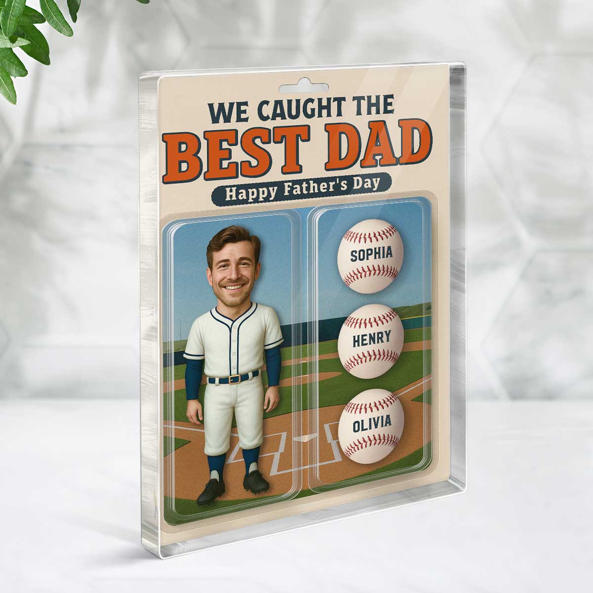 3D Effect Baseball Dad We Caught The Best Dad Custom Figure Personalized Rectangle Flat Acrylic Block Plaque