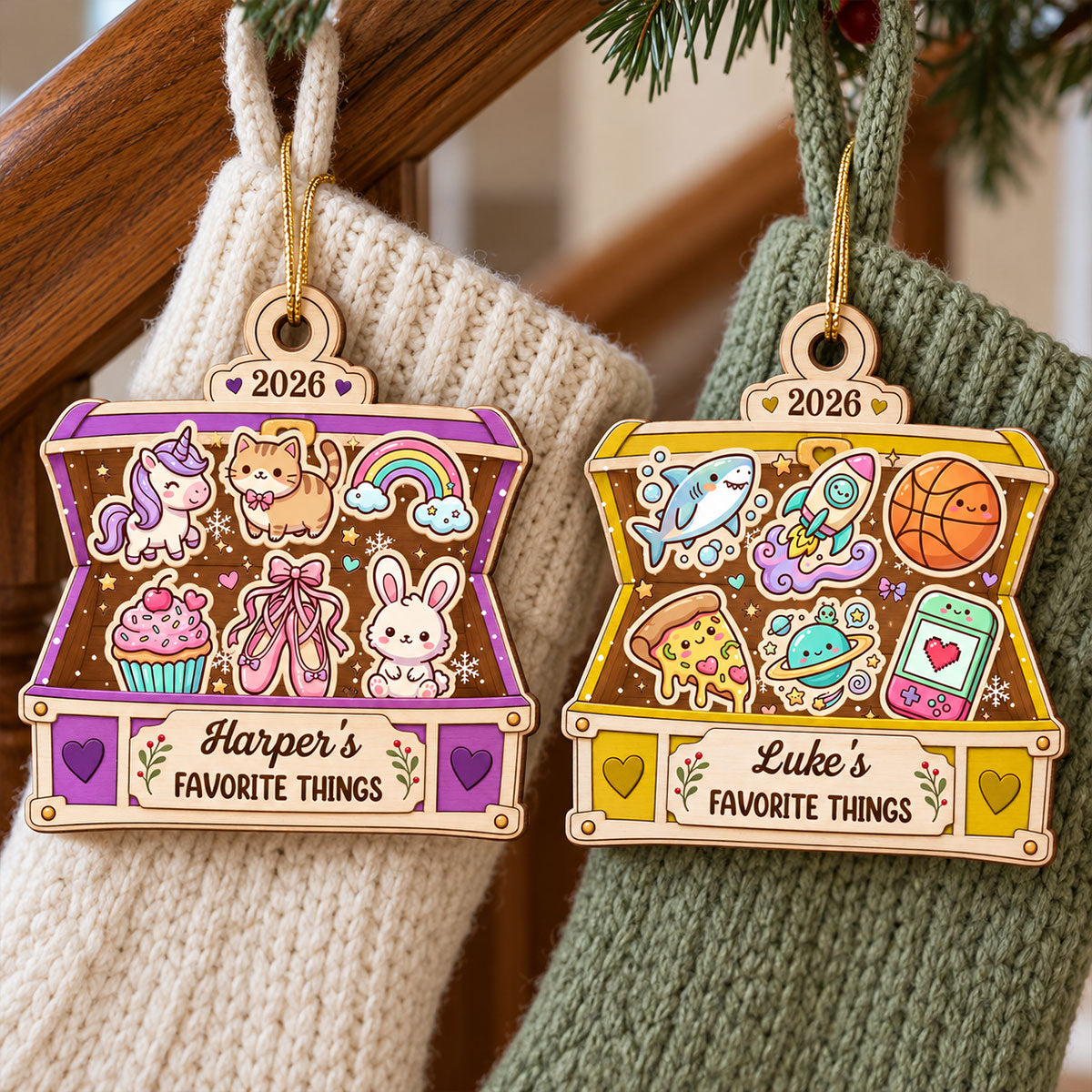 Kid's Favorite Things Treasure Chest 2D Flat Printed - Personalized Wooden Ornament - Custom Name & Favorite Things Keepsake Gift for Kids