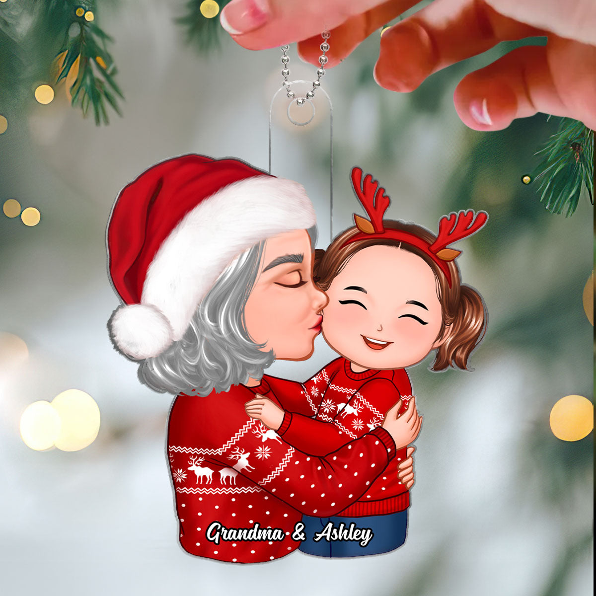 Doll Grandma Kissing Kid On Cheek Christmas Gift For Granddaughter Grandson Personalized Acrylic Ornament