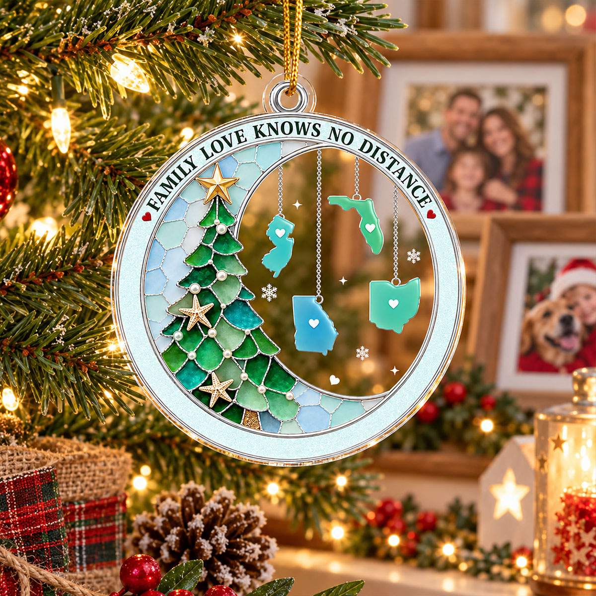 Family Love Knows No Distance 2D Flat Printed - Personalized Acrylic Ornament - Christmas Gift For Family