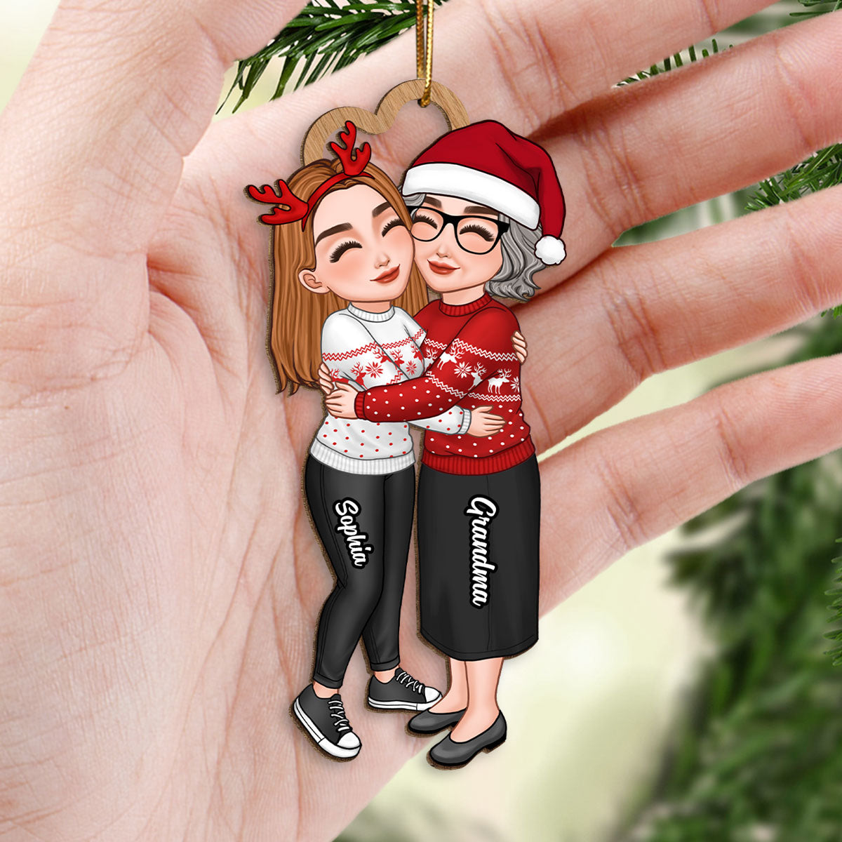 Grandma & Grandkid Hugging Christmas Gift For Teenage Adult Granddaughter Grandson Grandchildren Personalized Wooden Ornament