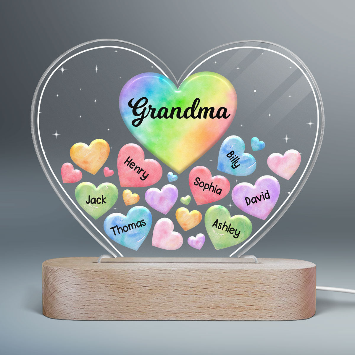 Grandma Mom Hearts In Heart - Personalized Acrylic Block Plaque LED Night Light