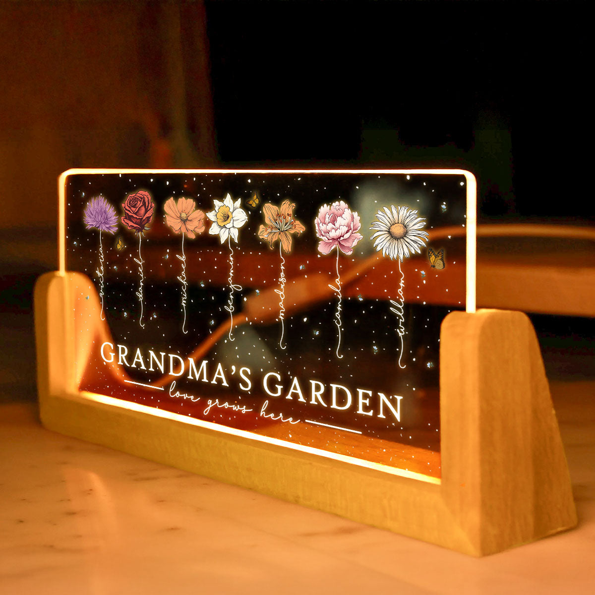 Grandma's Garden Love Grows Here Birthmonth Flowers Personalized U-Base Acrylic LED Night Light, Grandkids Names Floral Gift