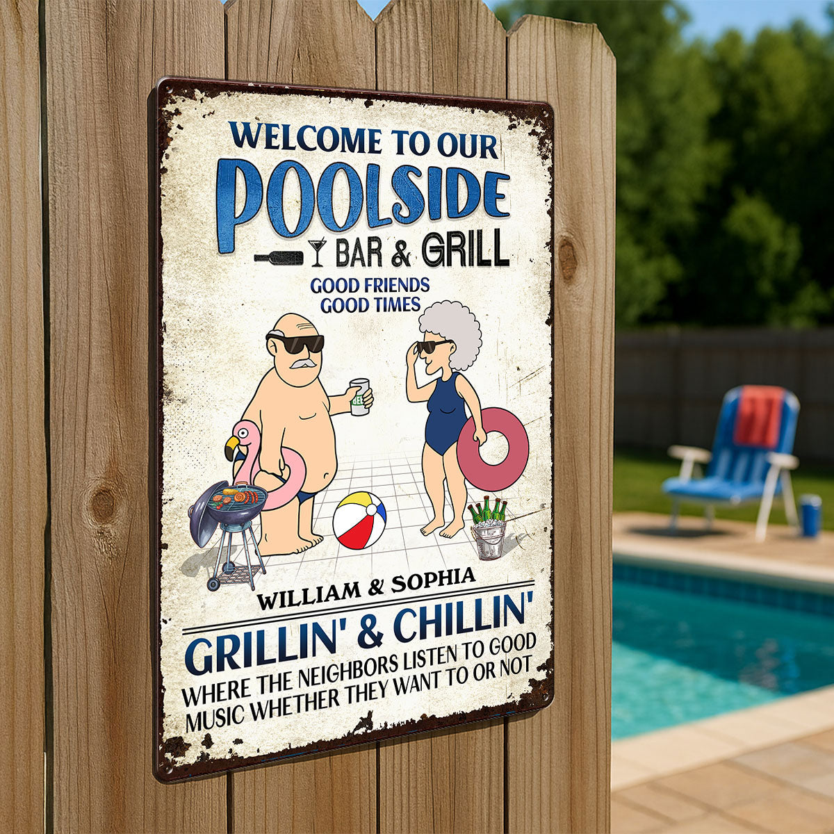 Welcome To Our Poolside Funny Old Couple Personalized Metal Sign