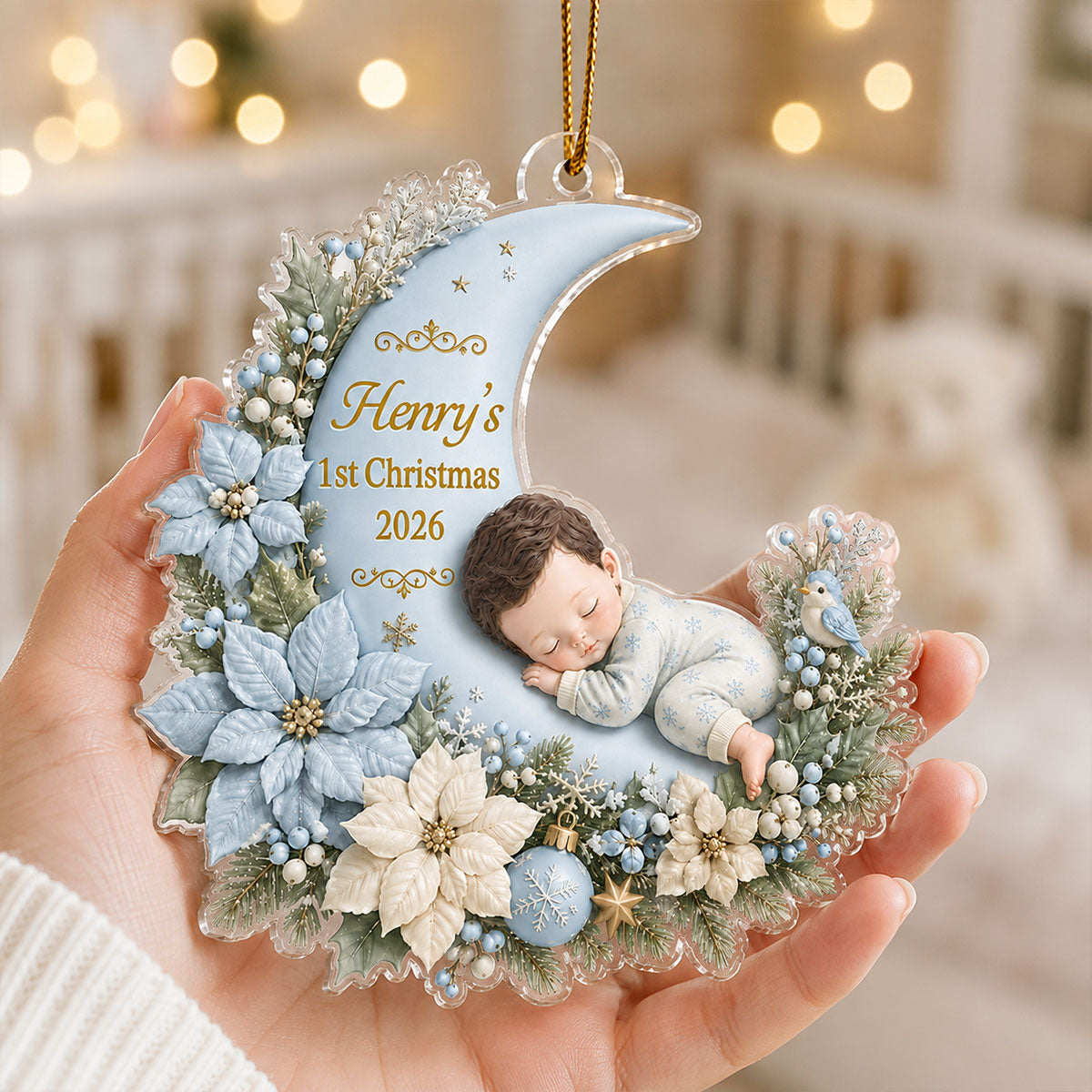 First Christmas Baby Boy Girl on Floral Moon - Personalized Acrylic Ornament - Christmas Gift for New Mom, Dad
