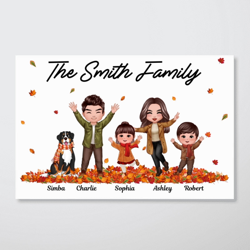 Fall Season Happy Whole Doll Family Dad Mom Kids Dogs Cats Playing With Autumn Leaves Pile Personalized Horizontal Poster