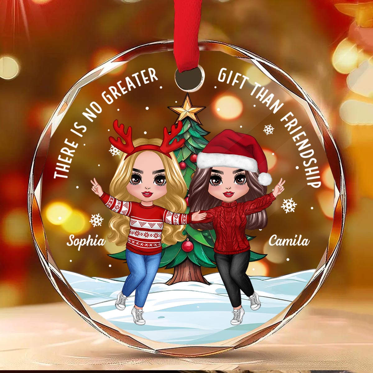 Happy Besties And Christmas Tree Personalized Glass Ornament, Christmas Gift For Him, For Her