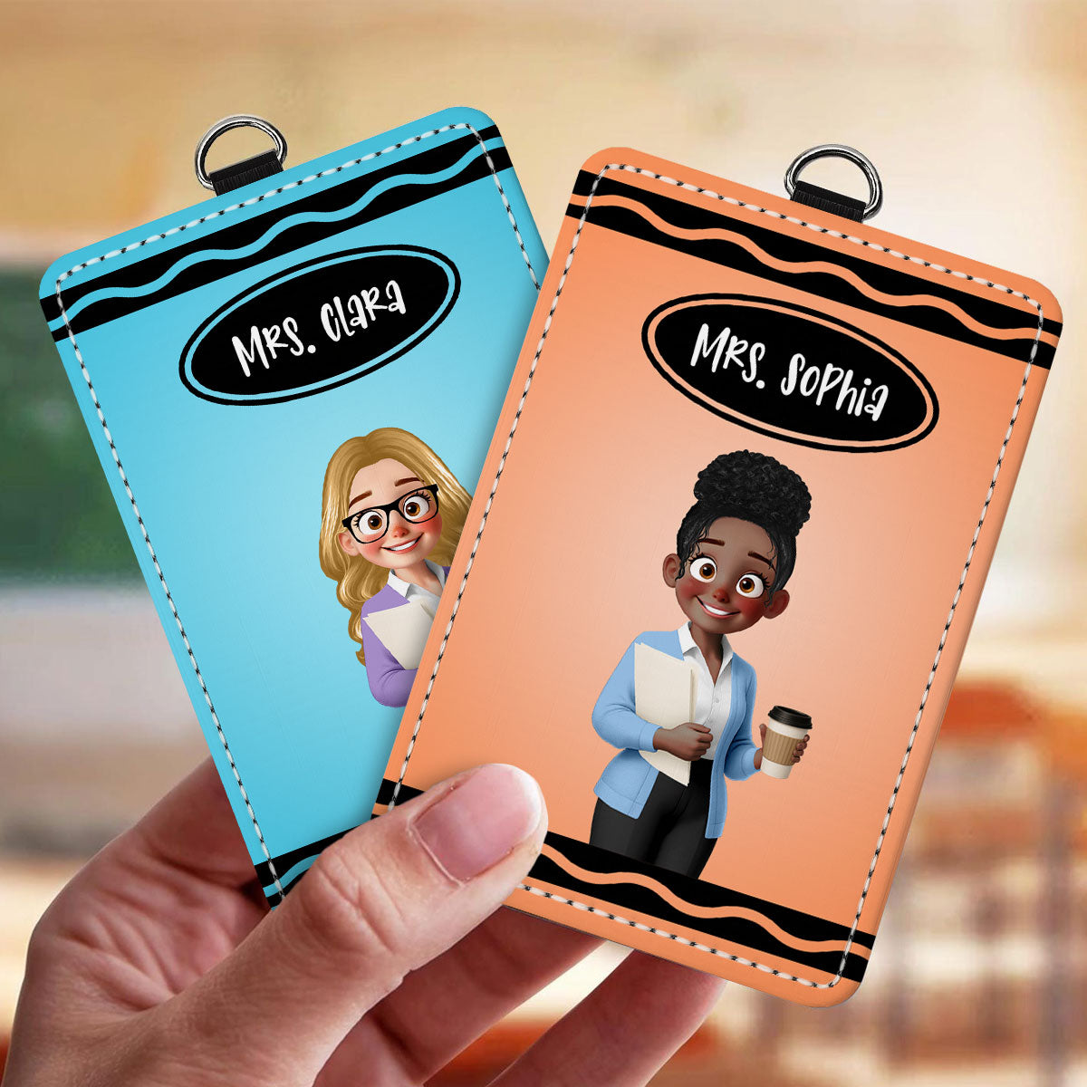 Crayon Themed Cartoon Teacher Personalized ID Badge Holder, Back To School Gift