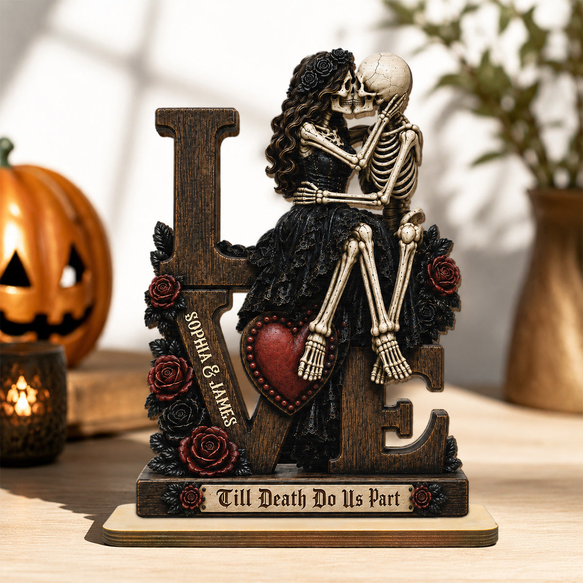 Skeleton Couple Kissing Eternal LOVE 2D Flat - Personalized 2-Layered Wooden Plaque - Halloween Decor For Couple