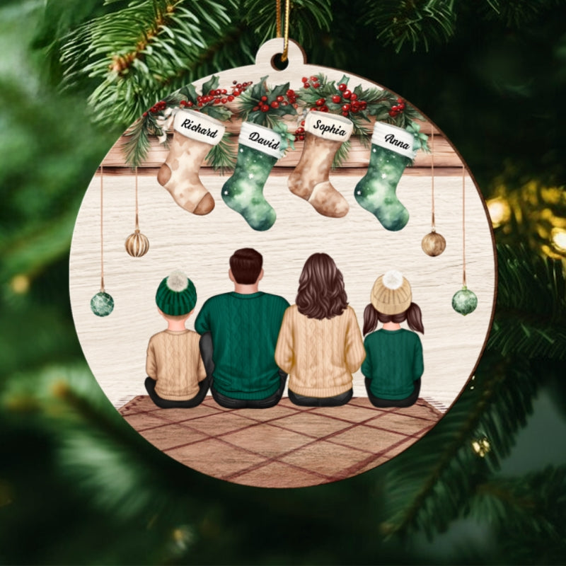 Vintage Christmas Stockings Family Sitting Personalized Wooden Ornament, Christmas Gift For Family