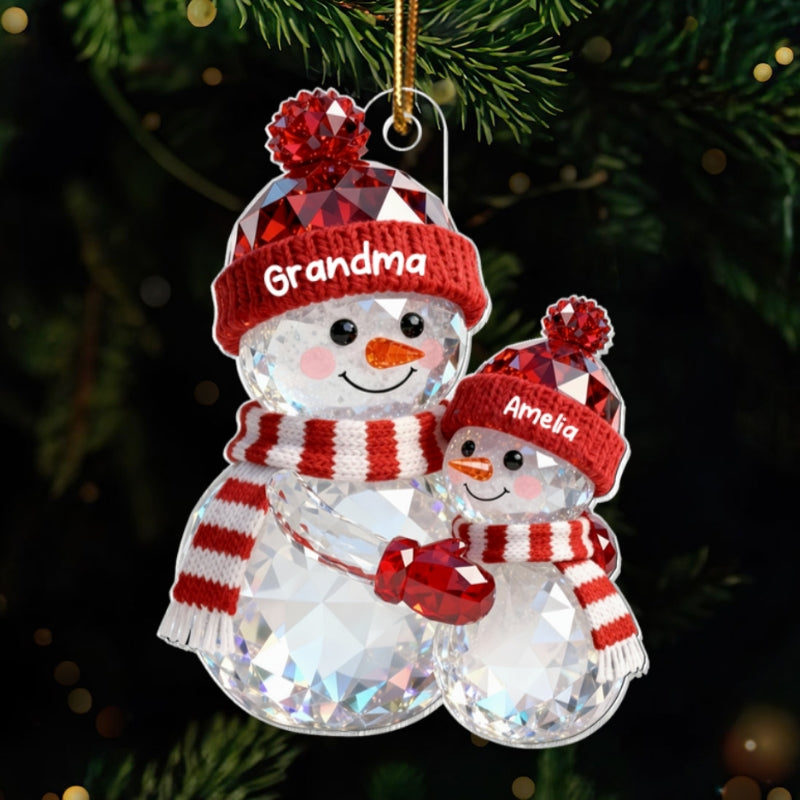 3D Effect Flat Snowman Grandma Hugging Grandkid Christmas - Personalized Acrylic Ornament - Gift For Grandkids