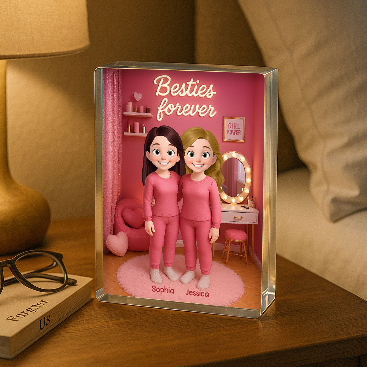 3D Effect Besties Pink Tone Dream Dollhouse Personalized Flat Rectangle Acrylic Block Plaque