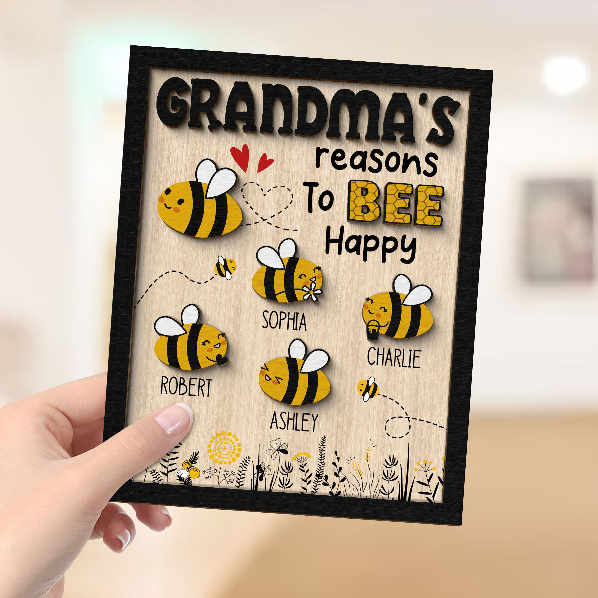 Grandma‘s Reason To Bee Happy Personalized 2-layer Wooden Plaque
