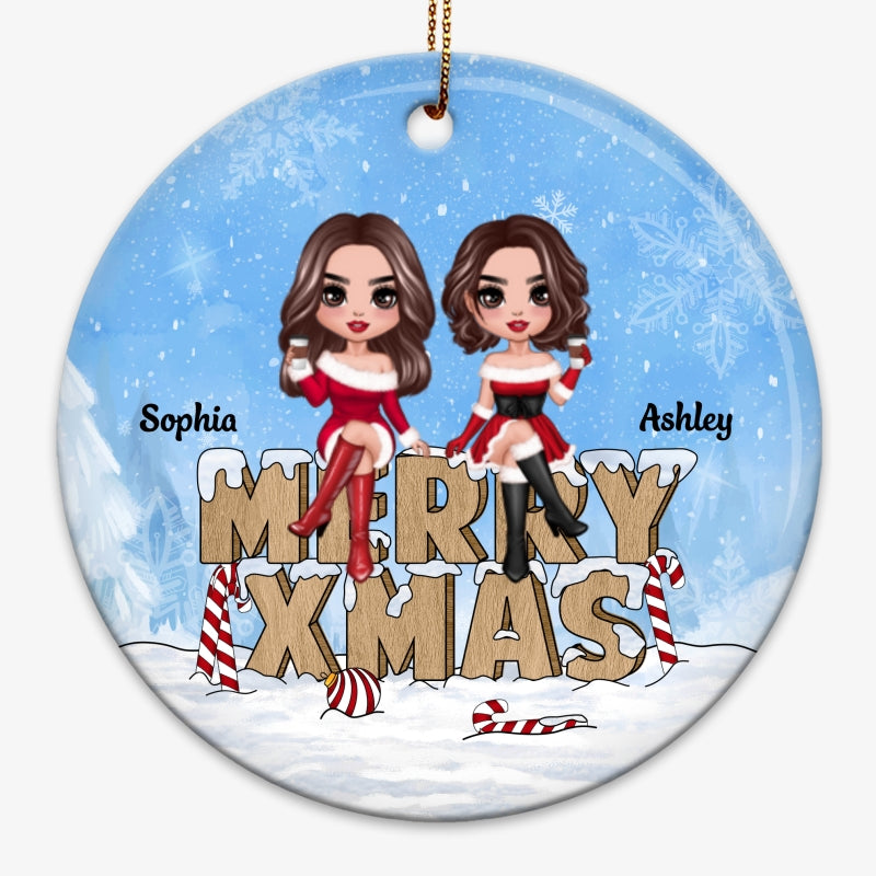 Christmas Costume Besties Sisters On Word Personalized Circle Ornament