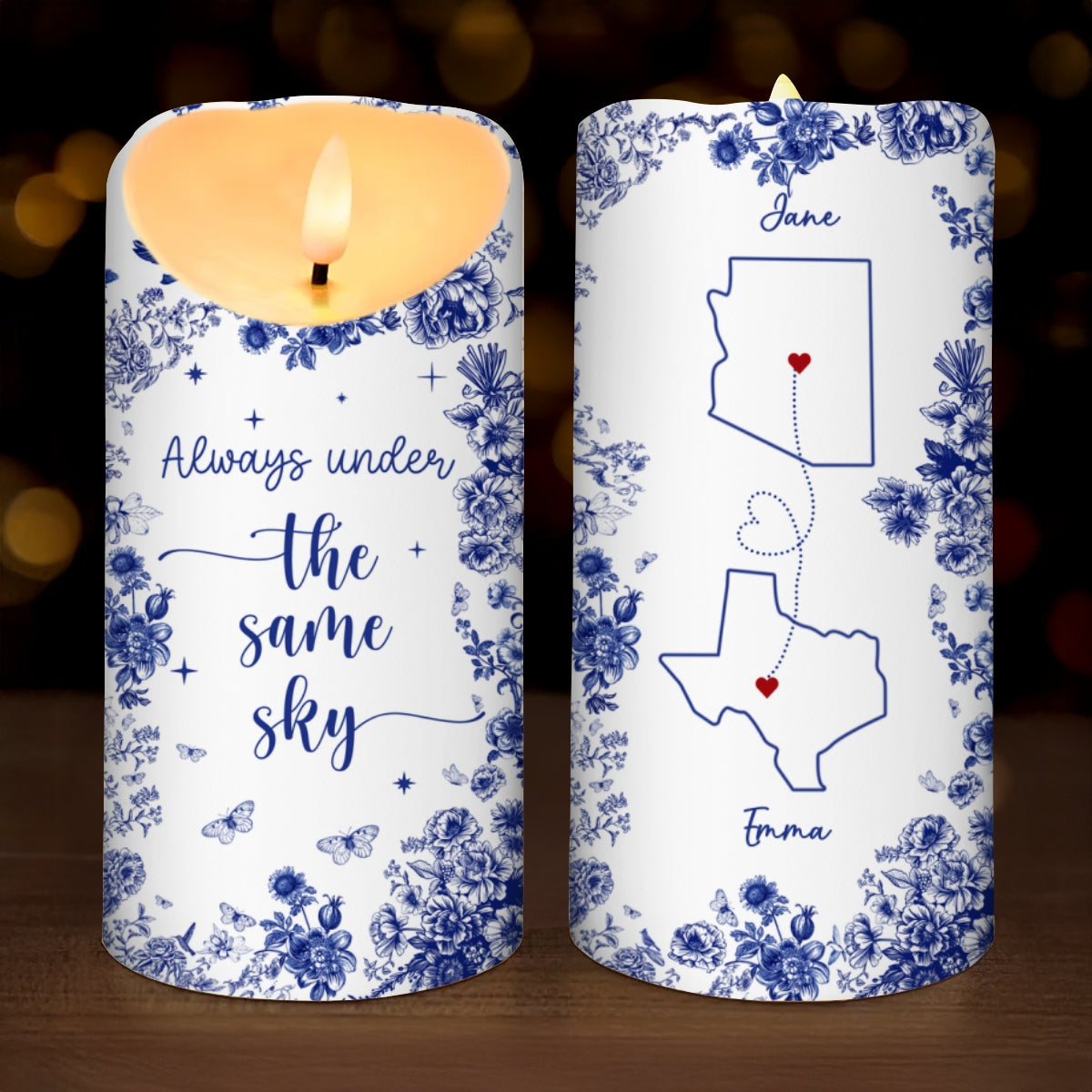 Chinoiserie Pattern Long Distance Besties Always Under The Same Sky Personalized LED Candle