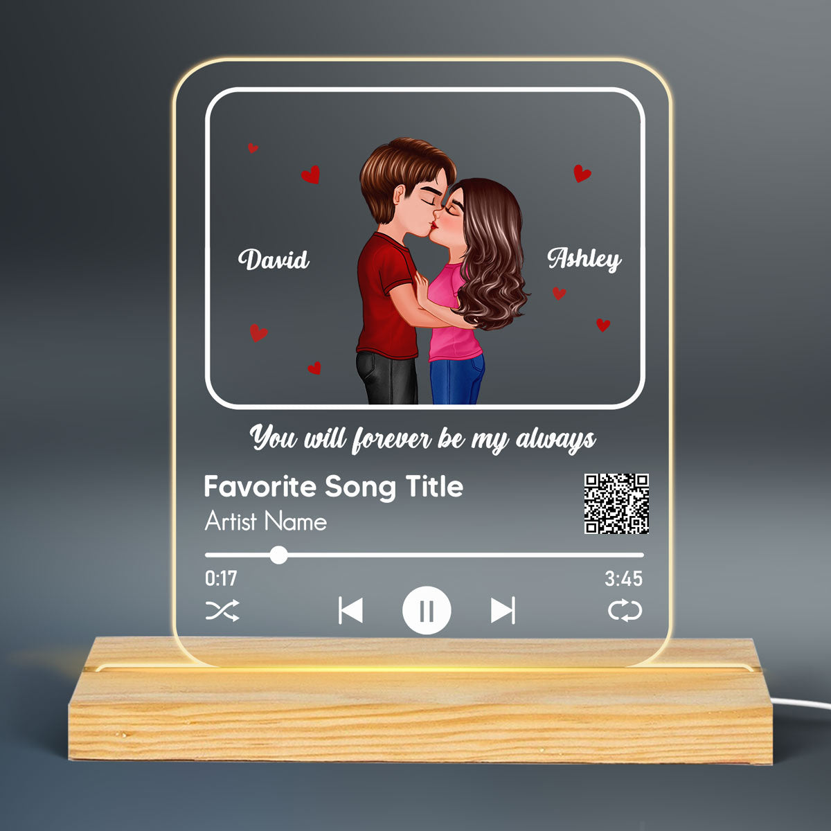 Doll Couple Kissing Favorite Song Scannable QR Code Personalized Custom Shape Acrylic Plaque LED Night Light